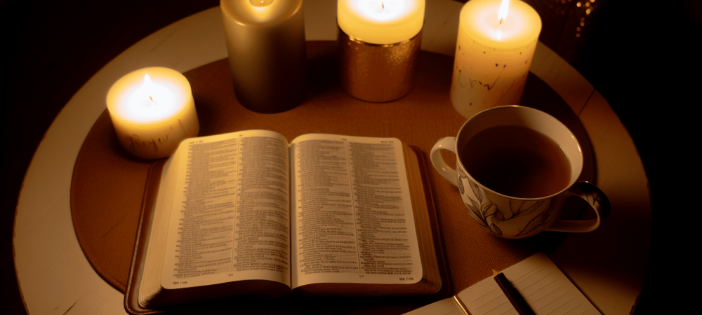 Uma mesa de leitura com uma Bíblia aberta, cercada por velas e um caderno de anotações, criando um ambiente de reflexão e autoconhecimento.
