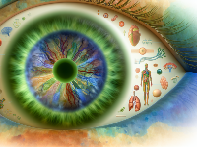 Close-up de íris humana com padrões revelando informações de saúde e bem-estar.