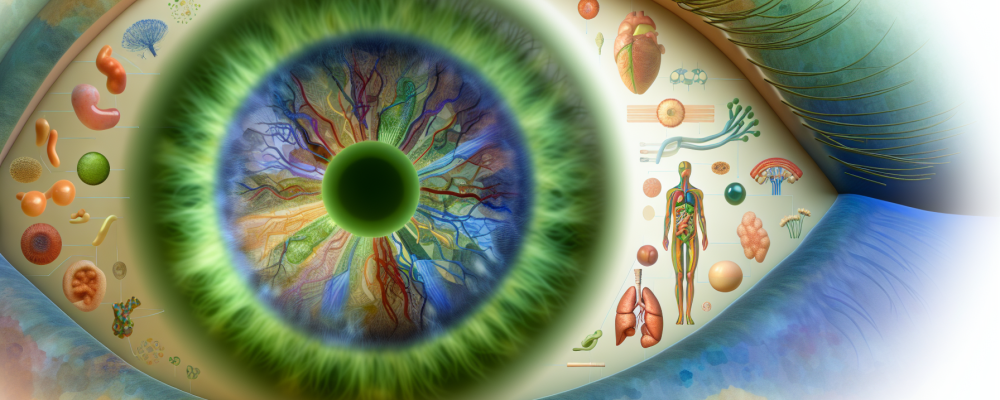 Close-up de íris humana com padrões revelando informações de saúde e bem-estar.