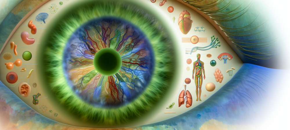 Close-up de íris humana com padrões revelando informações de saúde e bem-estar.