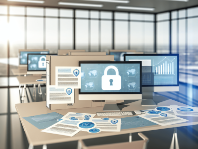 Mesa de escritório moderna em ambiente público com documentos e gráficos de dados em telas, destacando segurança de dados e LGPD.