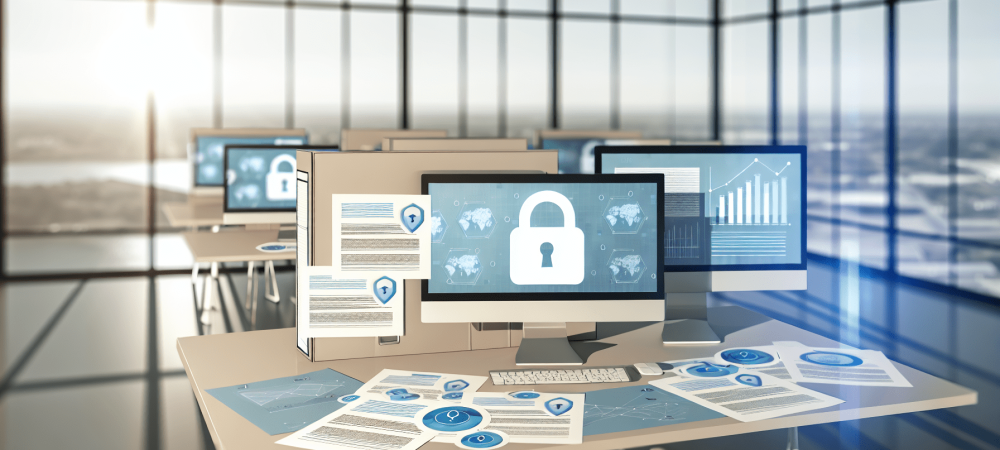 Mesa de escritório moderna em ambiente público com documentos e gráficos de dados em telas, destacando segurança de dados e LGPD.