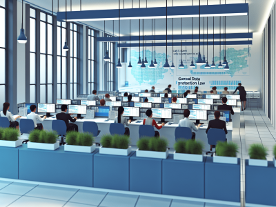 Servidores públicos em escritório moderno analisando dados sobre a Lei Geral de Proteção de Dados, com gráficos e luz natural.