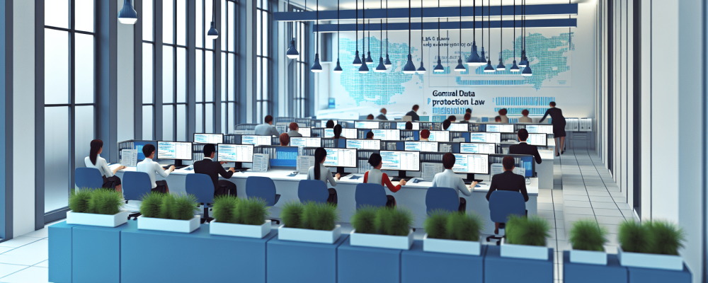 Servidores públicos em escritório moderno analisando dados sobre a Lei Geral de Proteção de Dados, com gráficos e luz natural.