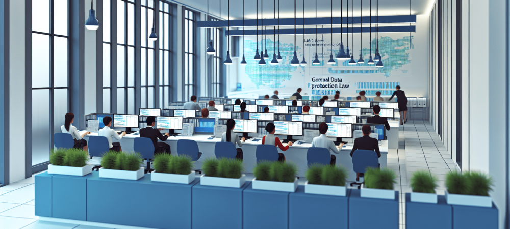 Servidores públicos em escritório moderno analisando dados sobre a Lei Geral de Proteção de Dados, com gráficos e luz natural.