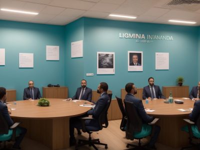 Líder em pé em uma sala de reuniões modernas, interagindo com equipe engajada em uma mesa oval, cercada por post-its e gráficos.