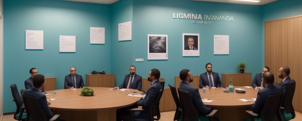 Líder em pé em uma sala de reuniões modernas, interagindo com equipe engajada em uma mesa oval, cercada por post-its e gráficos.