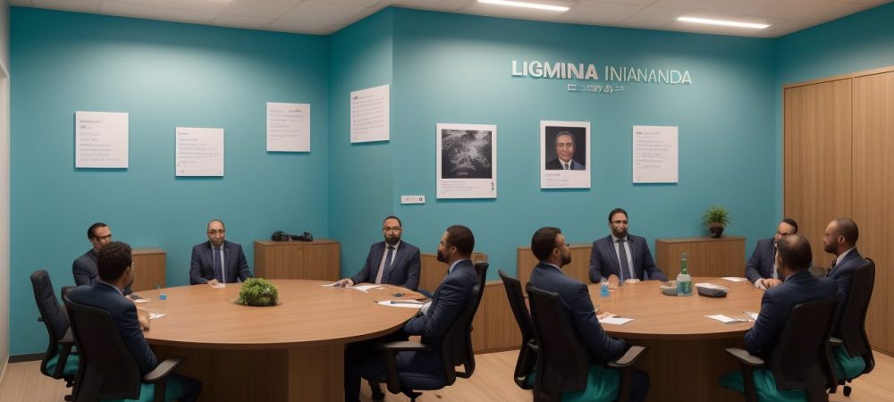 Líder em pé em uma sala de reuniões modernas, interagindo com equipe engajada em uma mesa oval, cercada por post-its e gráficos.