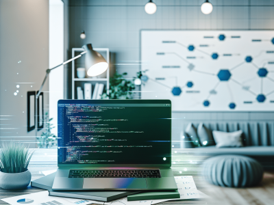 Mesa de trabalho moderna com laptop exibindo código e diagramas de algoritmos em ambiente organizado.