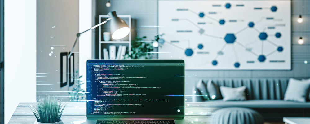 Mesa de trabalho moderna com laptop exibindo código e diagramas de algoritmos em ambiente organizado.