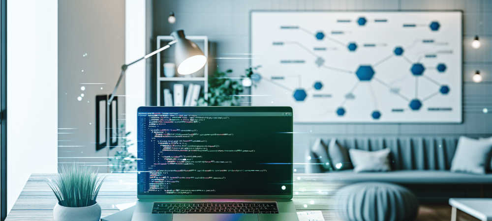 Mesa de trabalho moderna com laptop exibindo código e diagramas de algoritmos em ambiente organizado.