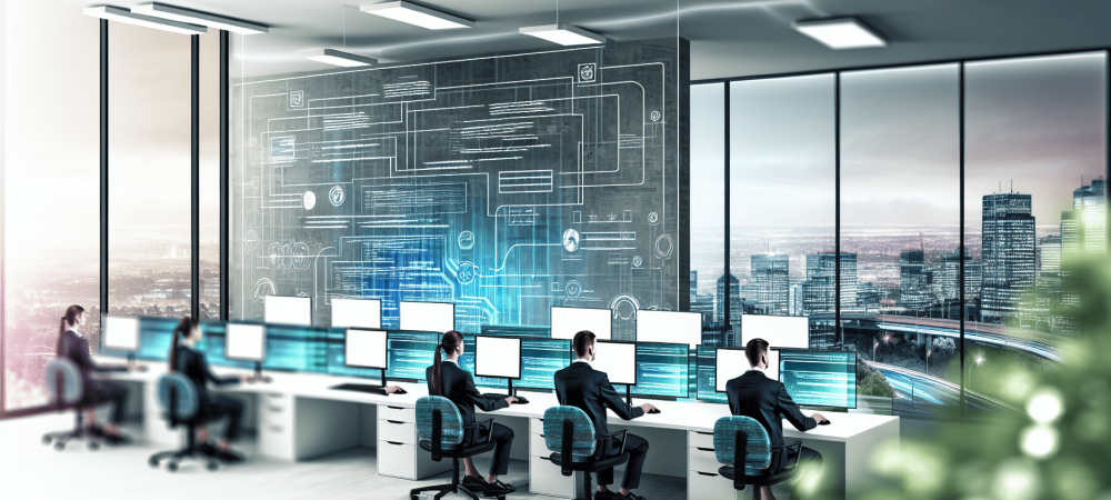 Servidores públicos estudam lógica de programação em escritório iluminado com diagramas