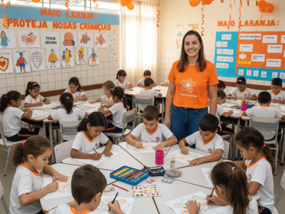 Crianças participando de atividades educativas sobre o Maio Laranja