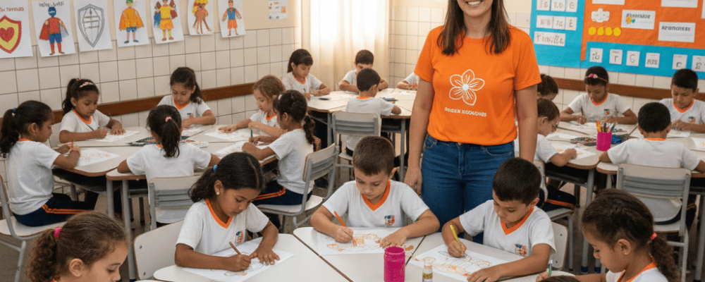 Crianças participando de atividades educativas sobre o Maio Laranja