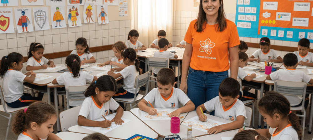 Crianças participando de atividades educativas sobre o Maio Laranja