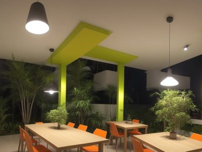 Mapa mental colorido em uma mesa com plantas, computadores e gráficos em um escritório.