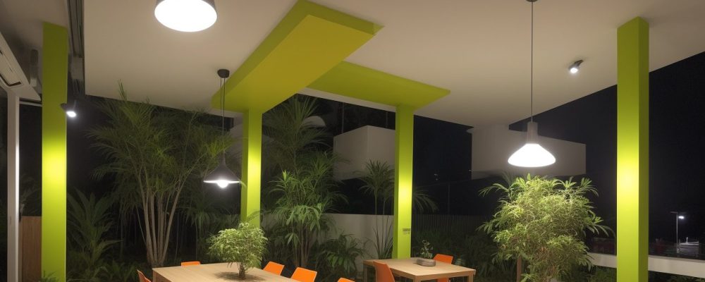 Mapa mental colorido em uma mesa com plantas, computadores e gráficos em um escritório.