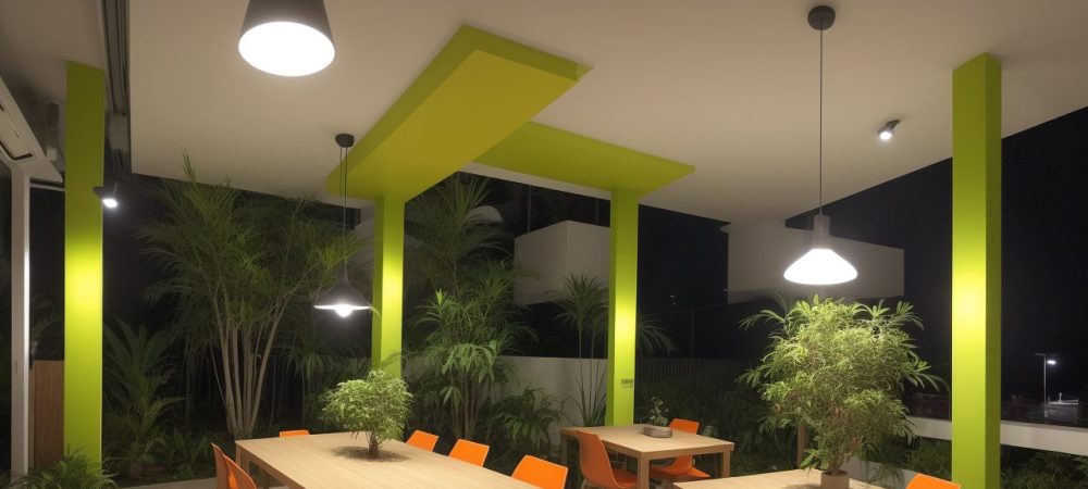 Mapa mental colorido em uma mesa com plantas, computadores e gráficos em um escritório.