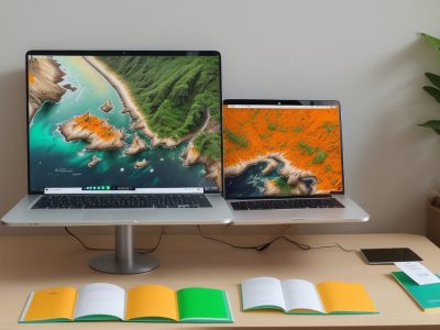 Mesa de trabalho com mapas mentais coloridos, laptop e planta verde ao fundo, iluminada naturalmente.