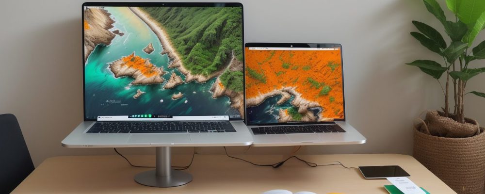 Mesa de trabalho com mapas mentais coloridos, laptop e planta verde ao fundo, iluminada naturalmente.