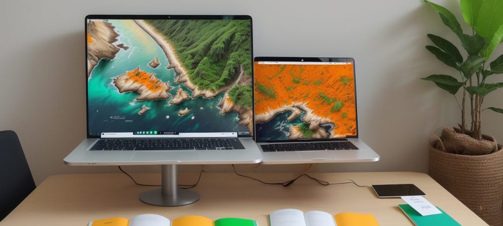 Mesa de trabalho com mapas mentais coloridos, laptop e planta verde ao fundo, iluminada naturalmente.