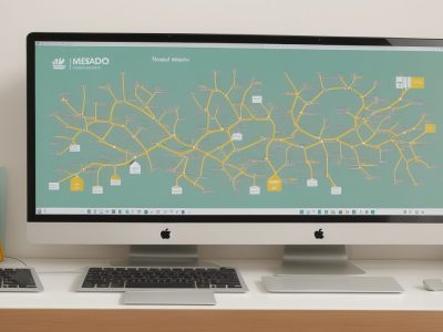 Profissional do serviço público analisando mapas mentais em uma mesa com laptop, papéis e gráficos, em um ambiente organizado e colaborativo.