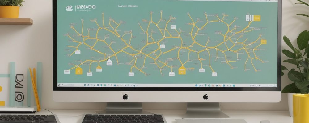 Profissional do serviço público analisando mapas mentais em uma mesa com laptop, papéis e gráficos, em um ambiente organizado e colaborativo.