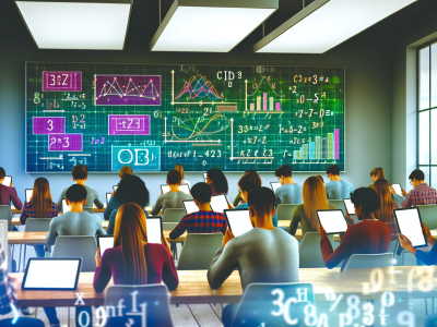 Alunos em sala de aula interativa usando tablets para visualizar gráficos e algoritmos matemáticos em tempo real, com telas luminosas promovendo a colaboração.