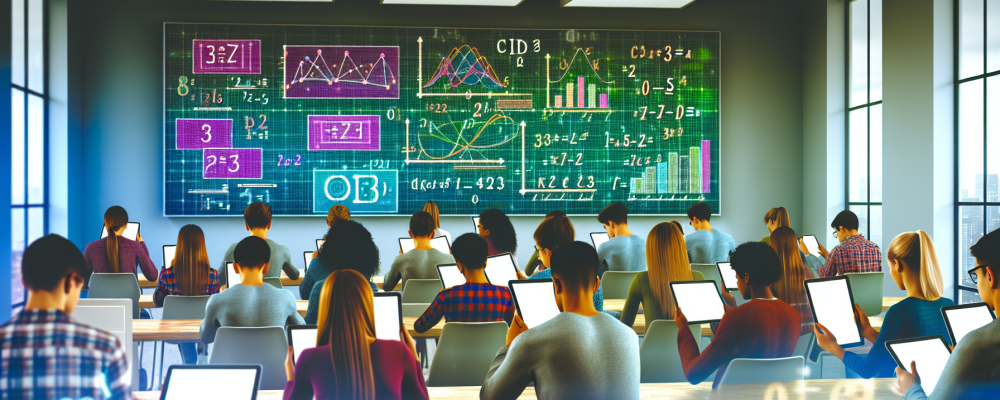 Alunos em sala de aula interativa usando tablets para visualizar gráficos e algoritmos matemáticos em tempo real, com telas luminosas promovendo a colaboração.