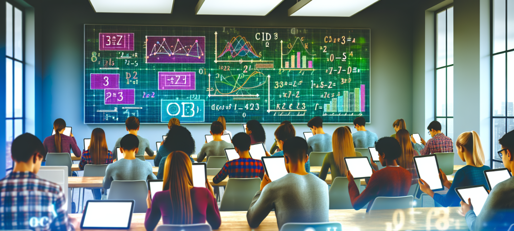 Alunos em sala de aula interativa usando tablets para visualizar gráficos e algoritmos matemáticos em tempo real, com telas luminosas promovendo a colaboração.