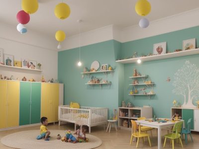 Crianças aprendendo matemática na educação infantil com blocos de montar e jogos de tabuleiro em sala de aula colorida