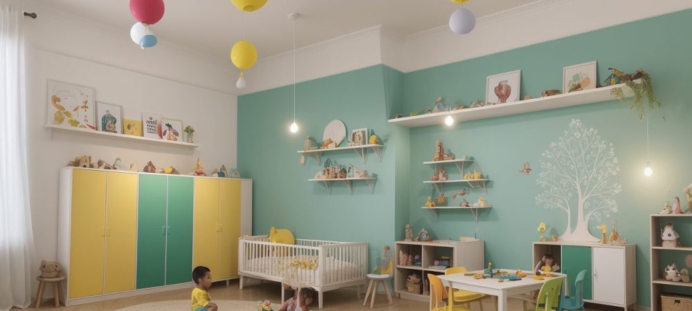 Crianças aprendendo matemática na educação infantil com blocos de montar e jogos de tabuleiro em sala de aula colorida