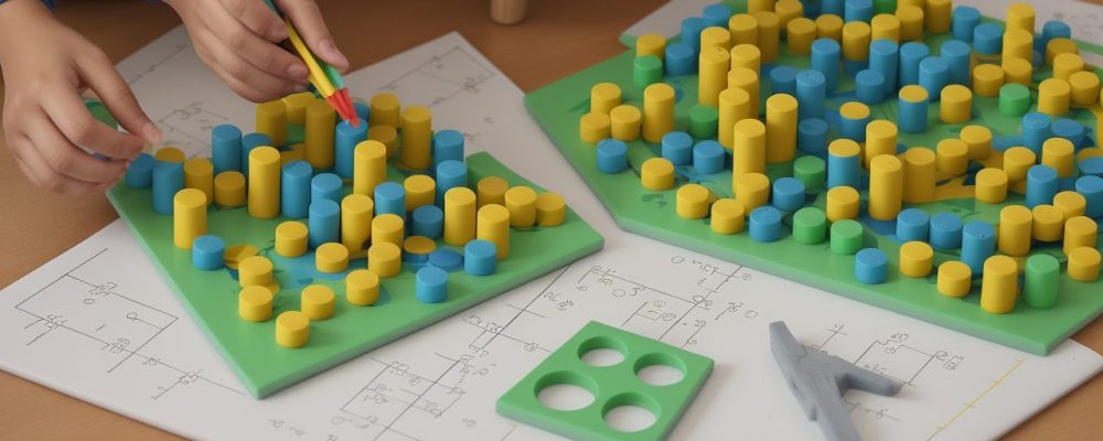 Crianças em sala de aula vibrante participando de atividades lúdicas de matemática com jogos e desafios interativos.