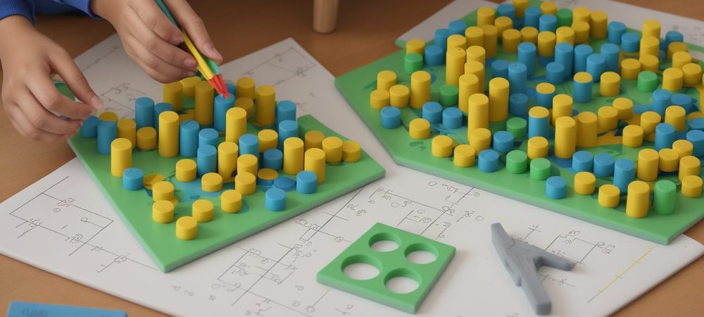 Crianças em sala de aula vibrante participando de atividades lúdicas de matemática com jogos e desafios interativos.