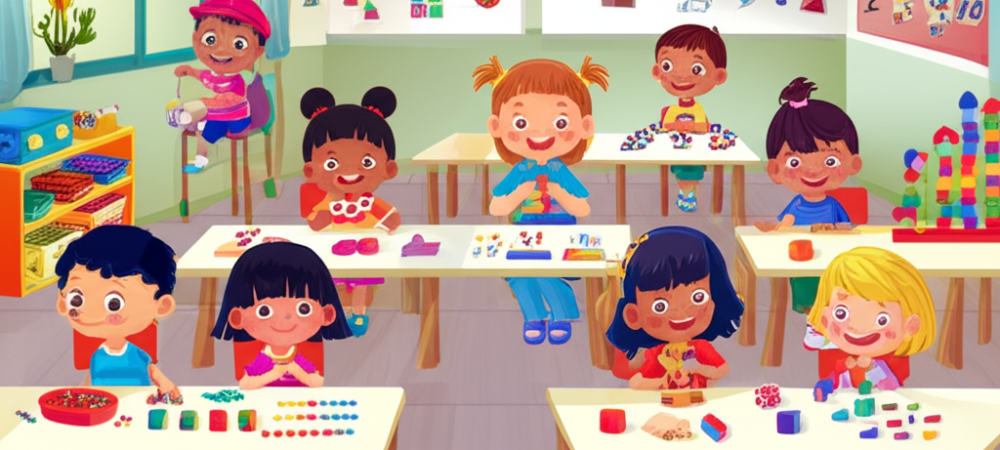 Crianças brincando com blocos coloridos e materiais lúdicos para aprender matemática na educação infantil