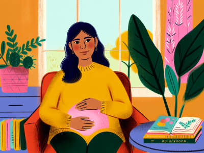 Jovem mãe adolescente em ambiente acolhedor, acariciando a barriga, cercada por livros e plantas verdes, transmitindo esperança e empoderamento.