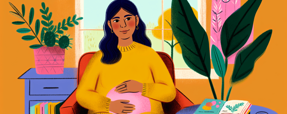 Jovem mãe adolescente em ambiente acolhedor, acariciando a barriga, cercada por livros e plantas verdes, transmitindo esperança e empoderamento.