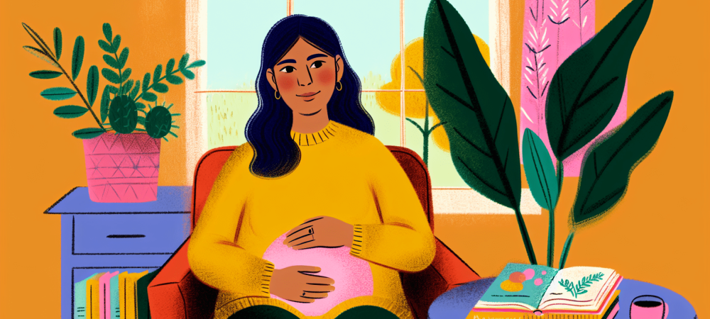 Jovem mãe adolescente em ambiente acolhedor, acariciando a barriga, cercada por livros e plantas verdes, transmitindo esperança e empoderamento.