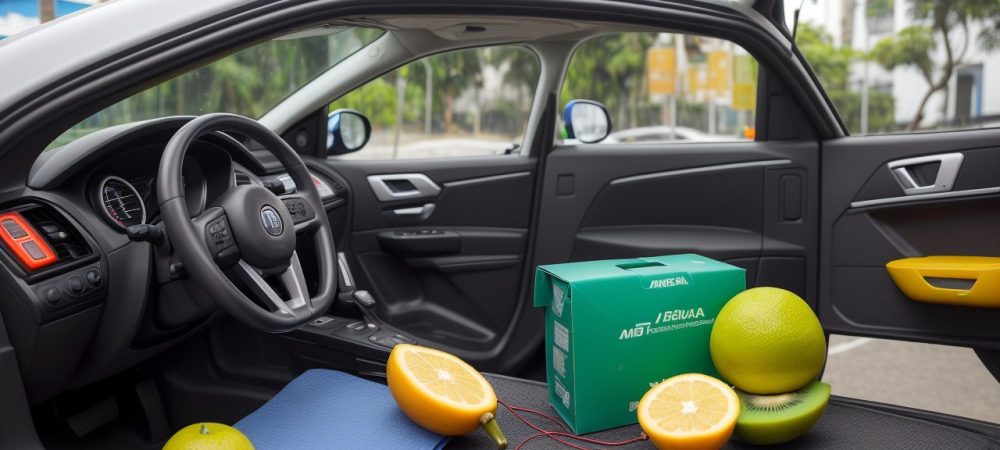 Pessoa em ambiente acolhedor usando um aparelho de pressão digital para monitorar a saúde, rodeada de frutas e equipamentos de exercícios.