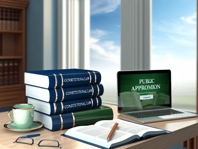 Mesa de trabalho com livros sobre direito constitucional, laptop com aprovação de concurso e janela revelando oportunidades.