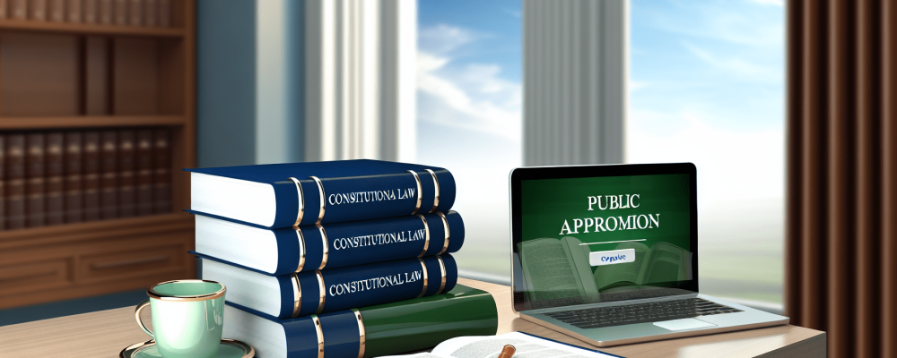 Mesa de trabalho com livros sobre direito constitucional, laptop com aprovação de concurso e janela revelando oportunidades.