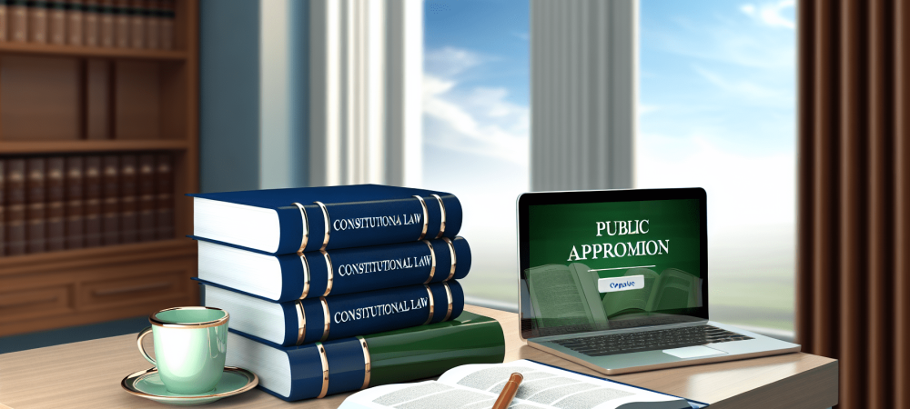 Mesa de trabalho com livros sobre direito constitucional, laptop com aprovação de concurso e janela revelando oportunidades.