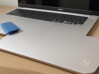 Mesa de escritório minimalista com laptop aberto mostrando o LibreOffice, cercada por materiais de escrita organizados em tons de azul e cinza.