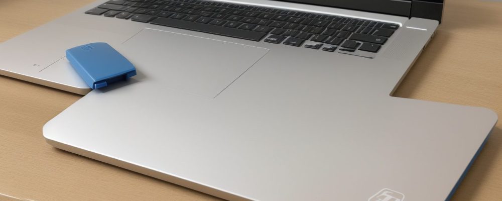 Mesa de escritório minimalista com laptop aberto mostrando o LibreOffice, cercada por materiais de escrita organizados em tons de azul e cinza.