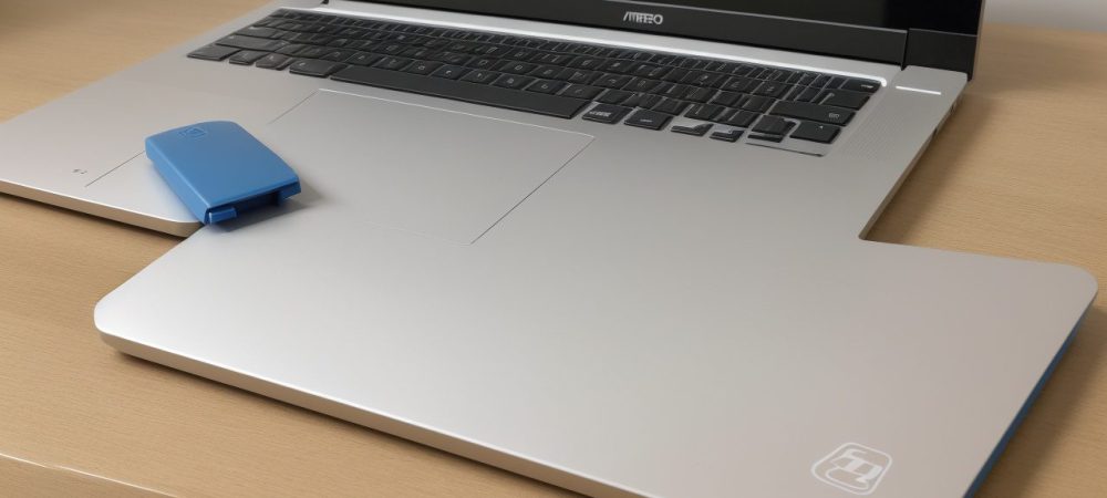 Mesa de escritório minimalista com laptop aberto mostrando o LibreOffice, cercada por materiais de escrita organizados em tons de azul e cinza.