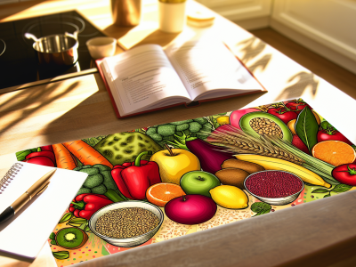 Mesa de cozinha com frutas frescas, caderno aberto e anotações sobre nutrição