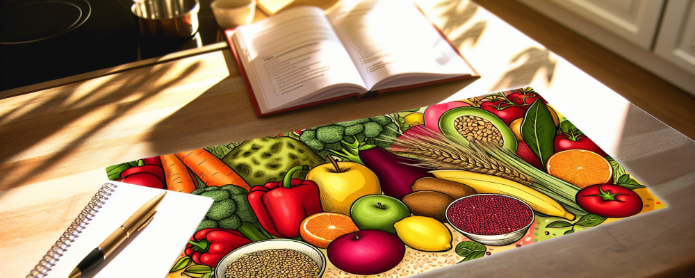 Mesa de cozinha com frutas frescas, caderno aberto e anotações sobre nutrição