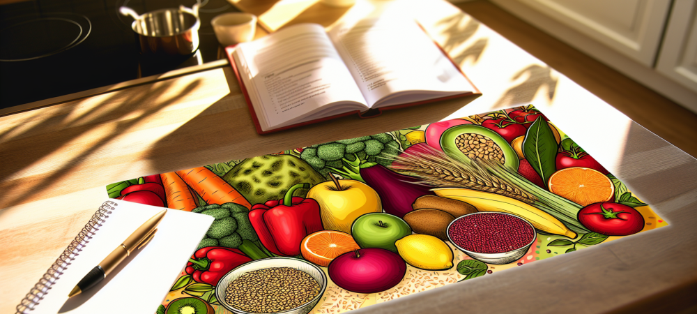 Mesa de cozinha com frutas frescas, caderno aberto e anotações sobre nutrição