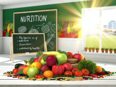 Mesa colorida com frutas e verduras simbolizando a nutrição e sua importância para saúde pública.