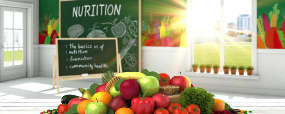 Mesa colorida com frutas e verduras simbolizando a nutrição e sua importância para saúde pública.